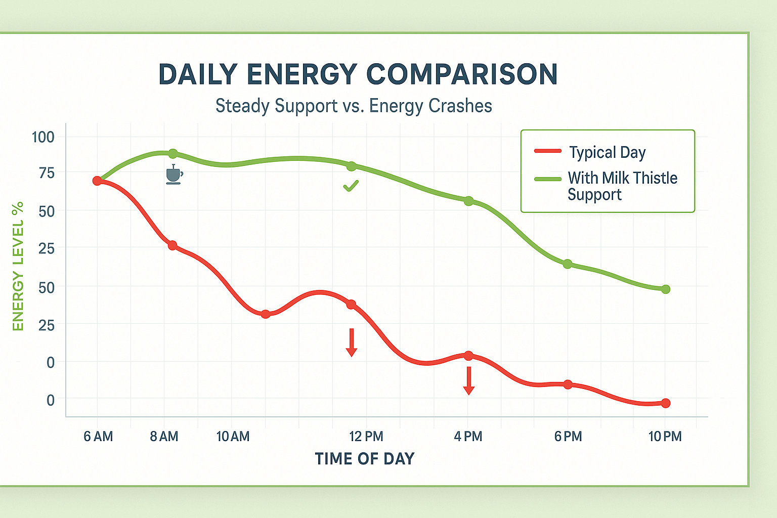 Line graph comparing daily energy levels with and without milk thistle support.