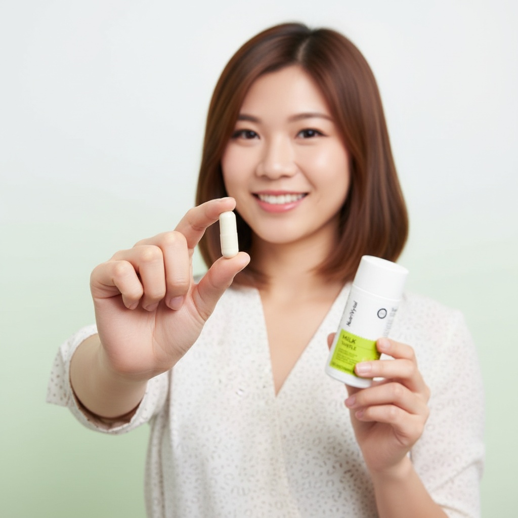 Person holding a white pill and a labeled bottle, smiling at the camera.