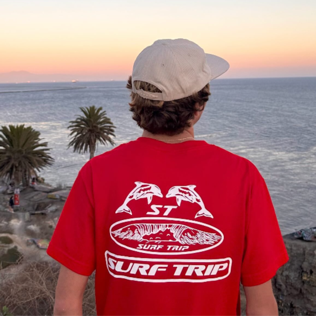 Person in red 'Surf Trip' shirt overlooking ocean at sunset.