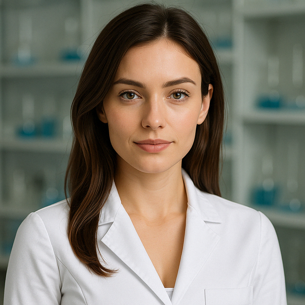 Woman in a white lab coat standing in a laboratory setting.