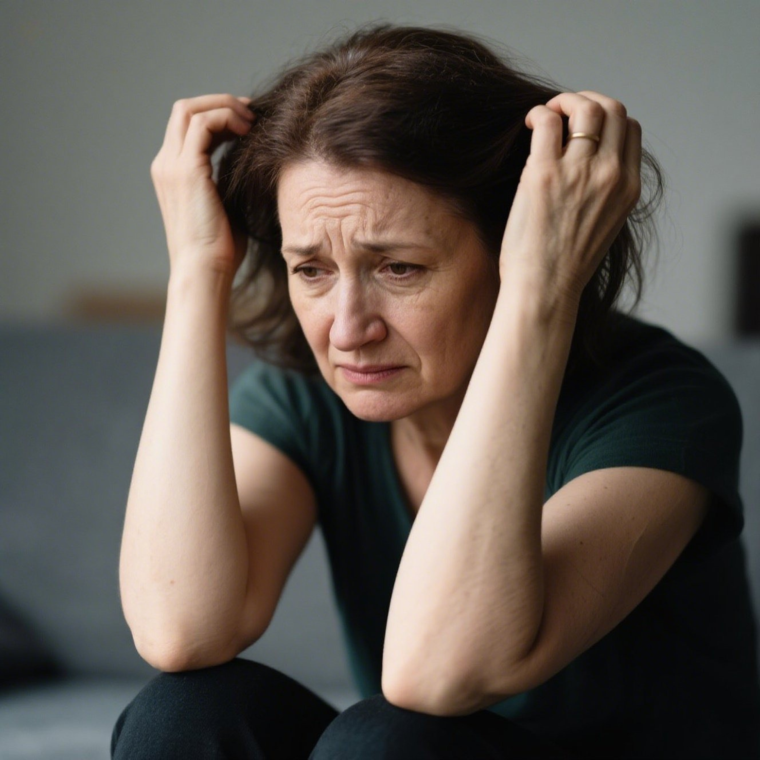 Woman sitting, looking distressed, with hands in her hair.