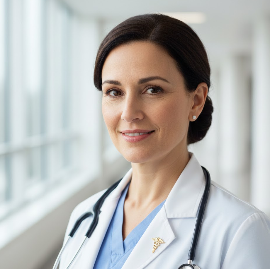 A smiling female doctor in a white coat with a stethoscope stands in a brightly lit hallway.
