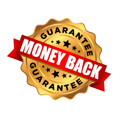 Gold badge with 'Money Back Guarantee' text and stars.