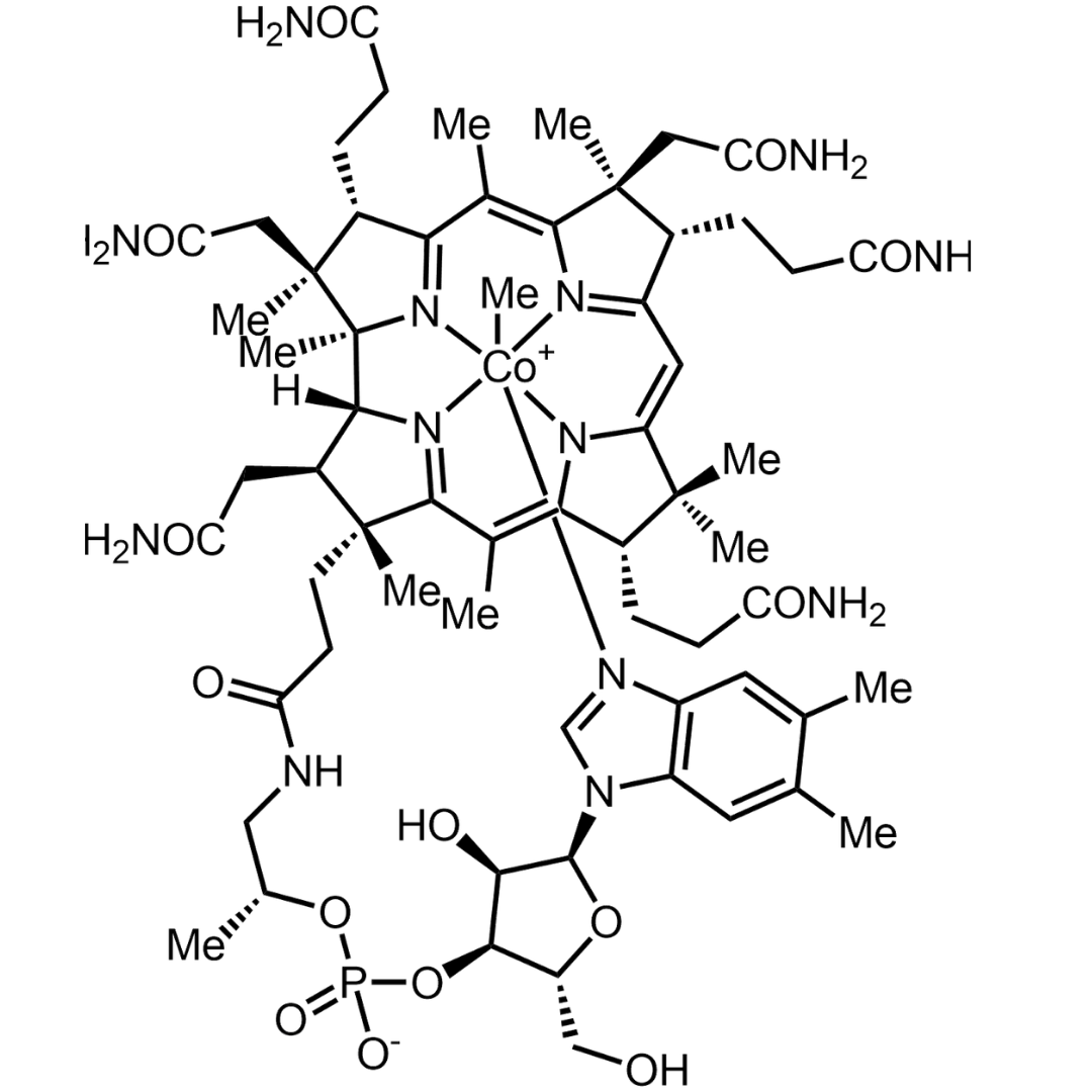 The chemical structure of Vitamin B12, also known as cobalamin, against a green background.