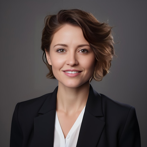 Smiling person in a dark blazer with short hair against a gray background.