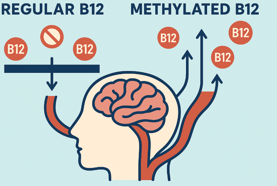 Illustration comparing regular and methylated B12 absorption in the brain.