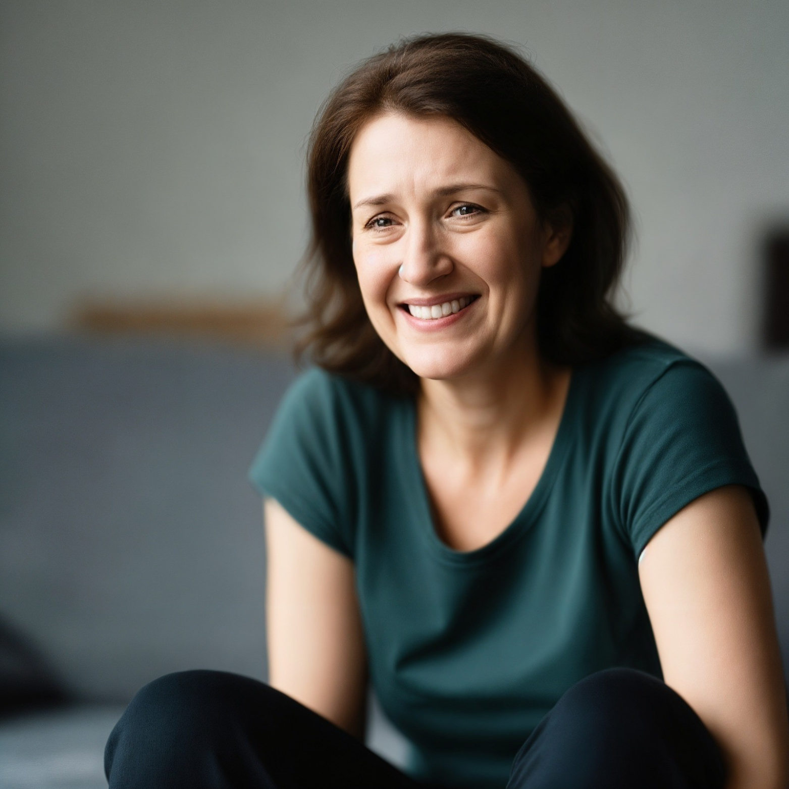 Smiling woman with brown hair wearing a green shirt, sitting indoors.