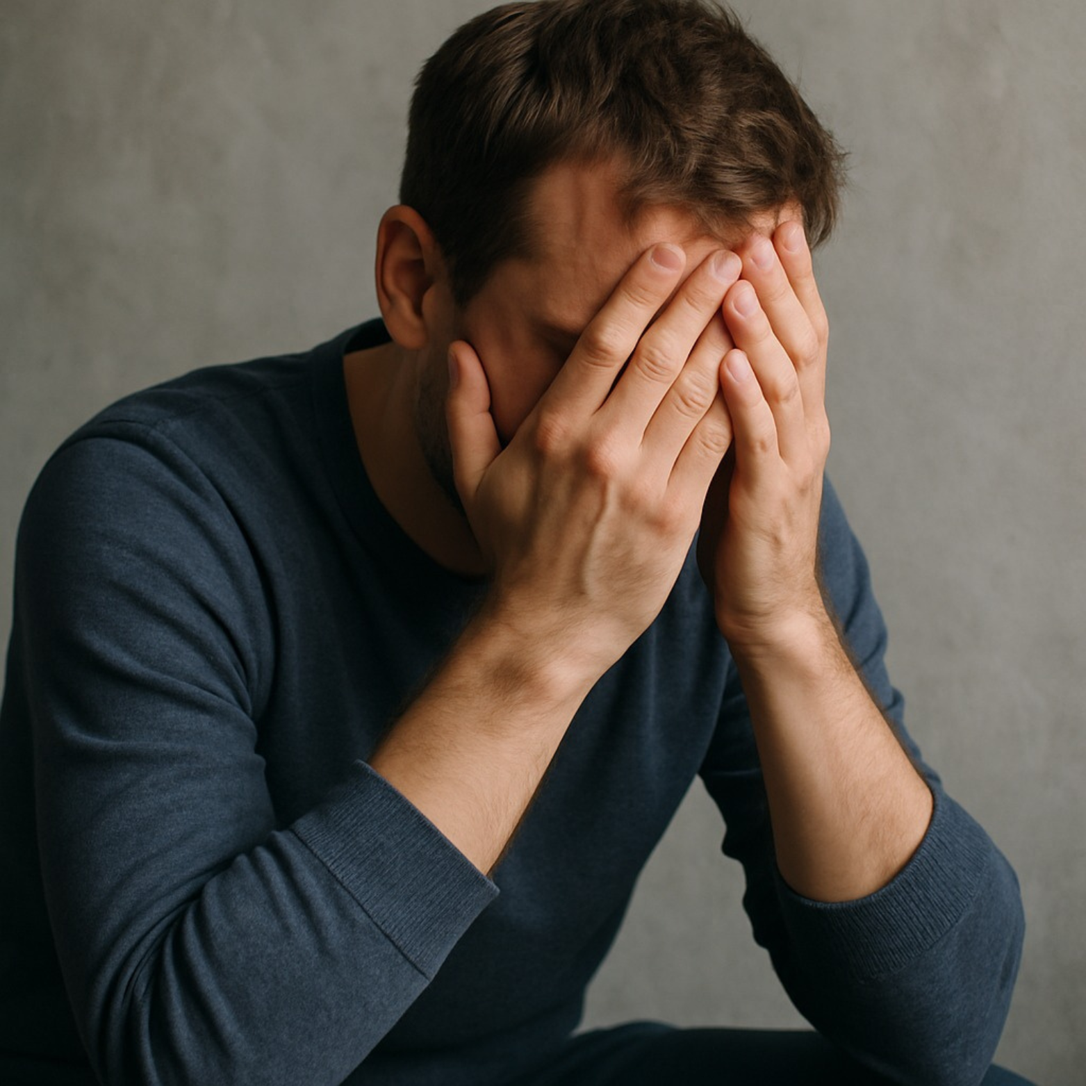 Person in a blue shirt covering face with hands, sitting against a gray background.