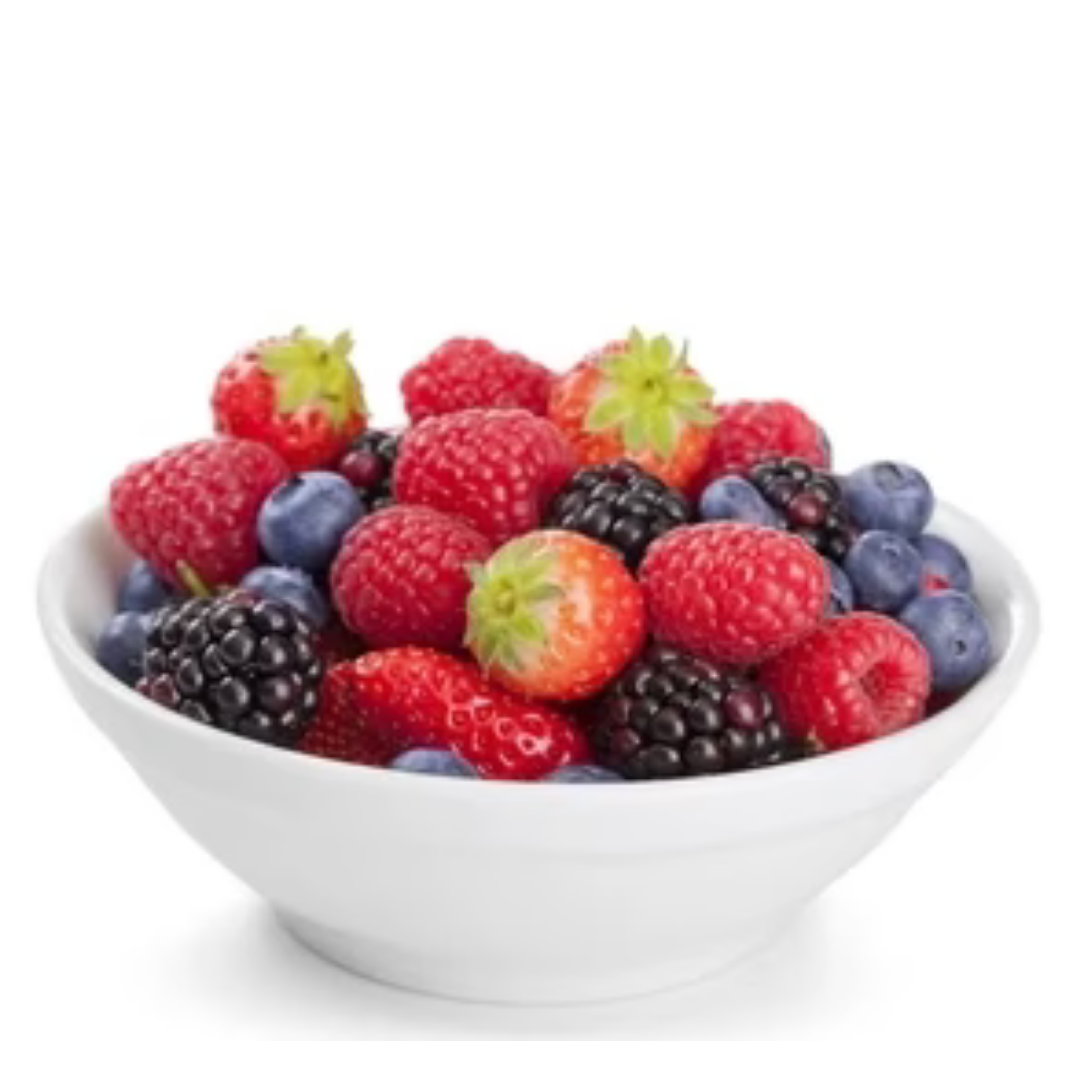 A white bowl filled with fresh mixed berries, including strawberries, raspberries, blueberries, and blackberries, on a white background.
