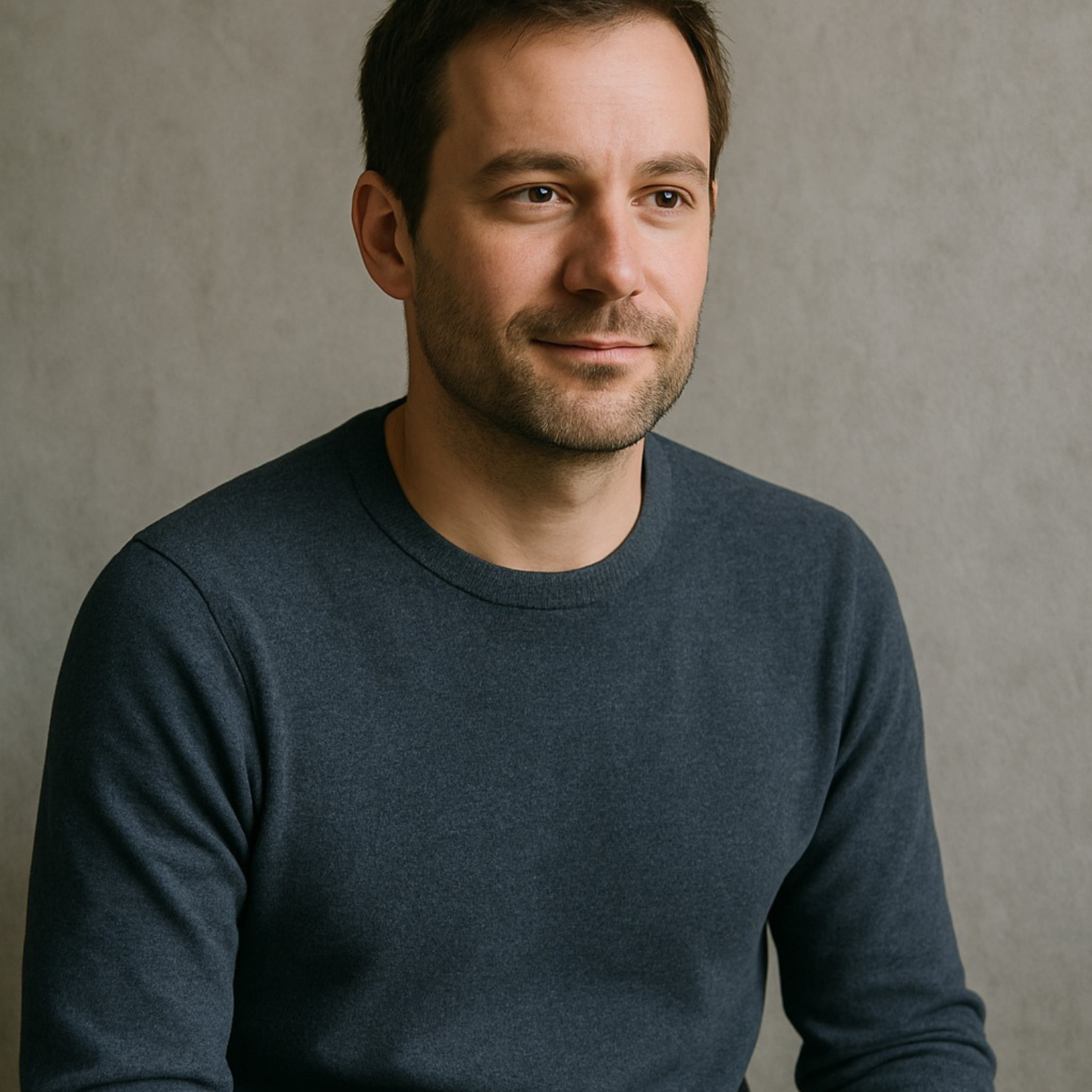 Man in a dark sweater against a plain background.