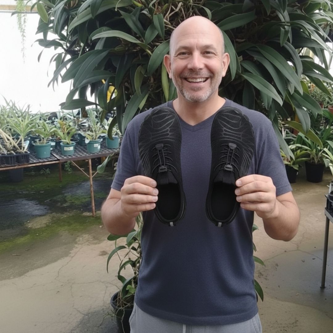 A smiling man stands in a plant nursery holding up a pair of black athletic shoes.