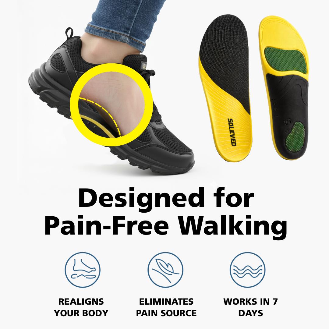 An advertisement for insoles showing arch support in a shoe, with text about pain-free walking and other benefits.
