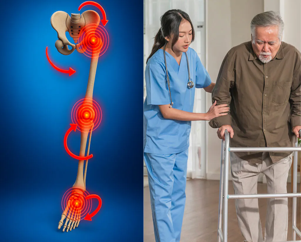 A split image of leg joint pain diagram and a nurse helping an elderly man use a walker.