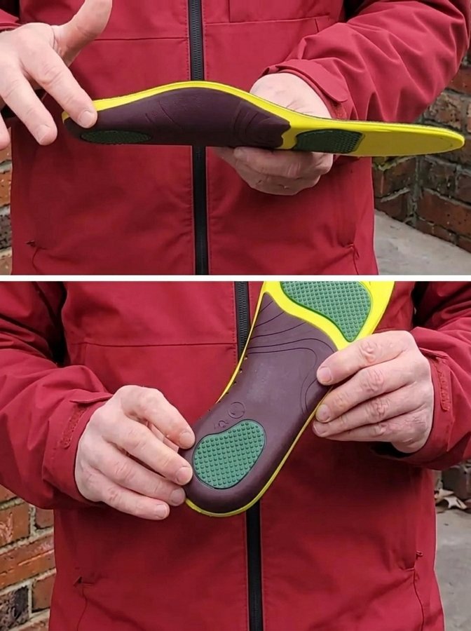 A person in a red jacket holding a shoe insole, showing two different angles of the product.