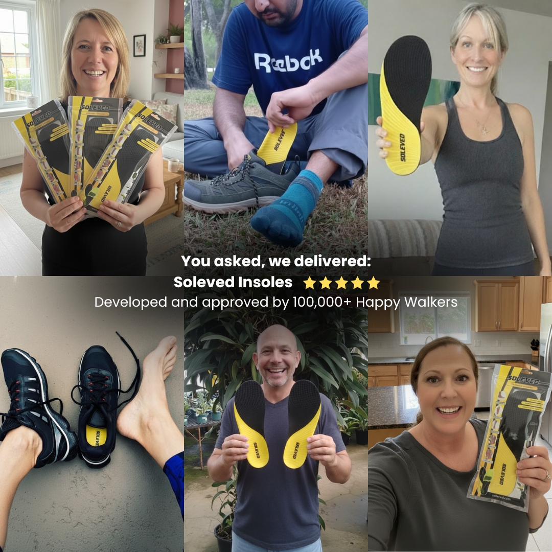 A photo collage of people holding and using Soleved insoles, with text praising the product.