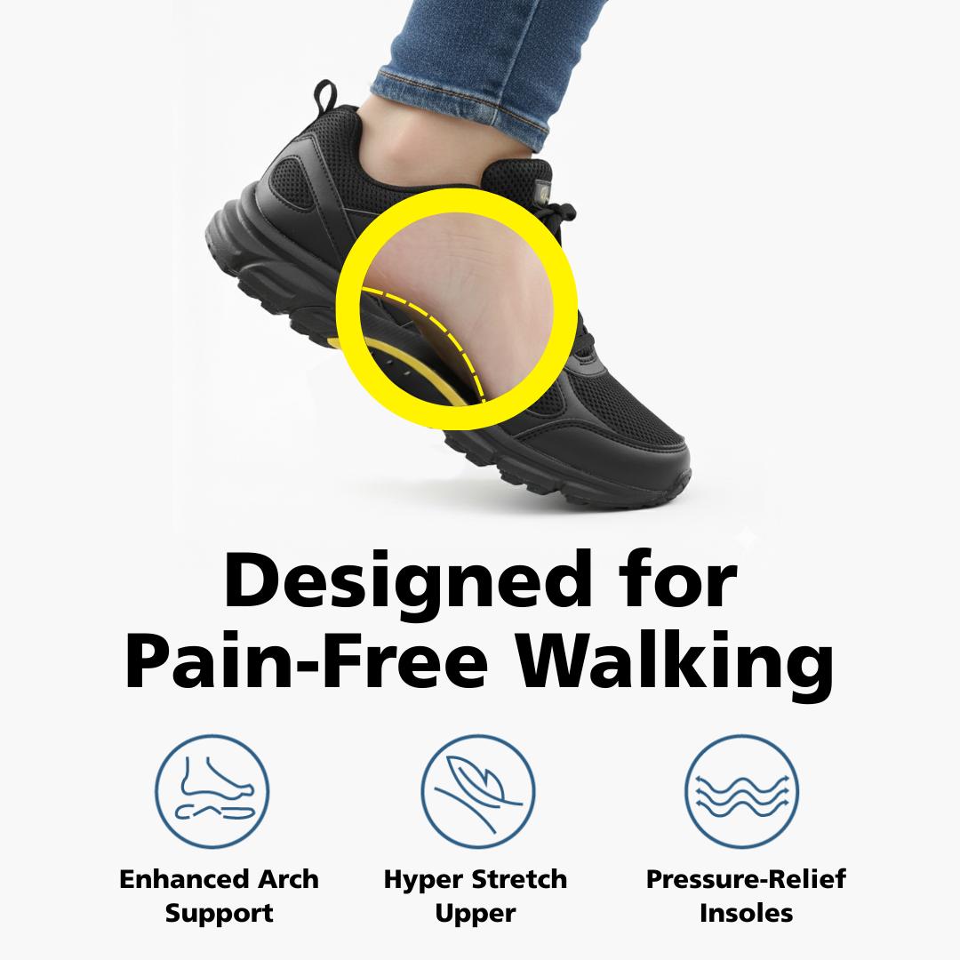 A graphic showing the arch support of a black sneaker, with text reading 'Designed for Pain-Free Walking'.