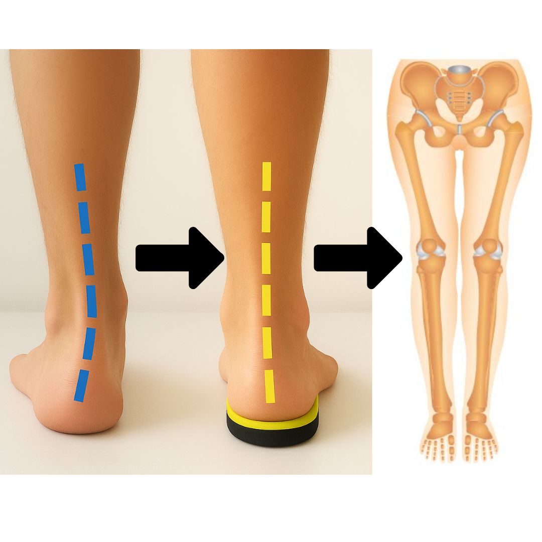 A diagram showing how an insole corrects ankle pronation and improves skeletal alignment of the legs.