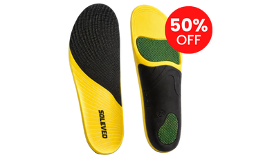 A pair of yellow and black shoe insoles, showing the top and bottom, with a 50% off sticker.