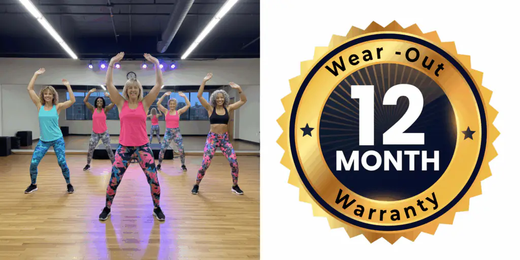 Women in an exercise class next to a gold seal that reads 'Wear-Out 12 Month Warranty'.