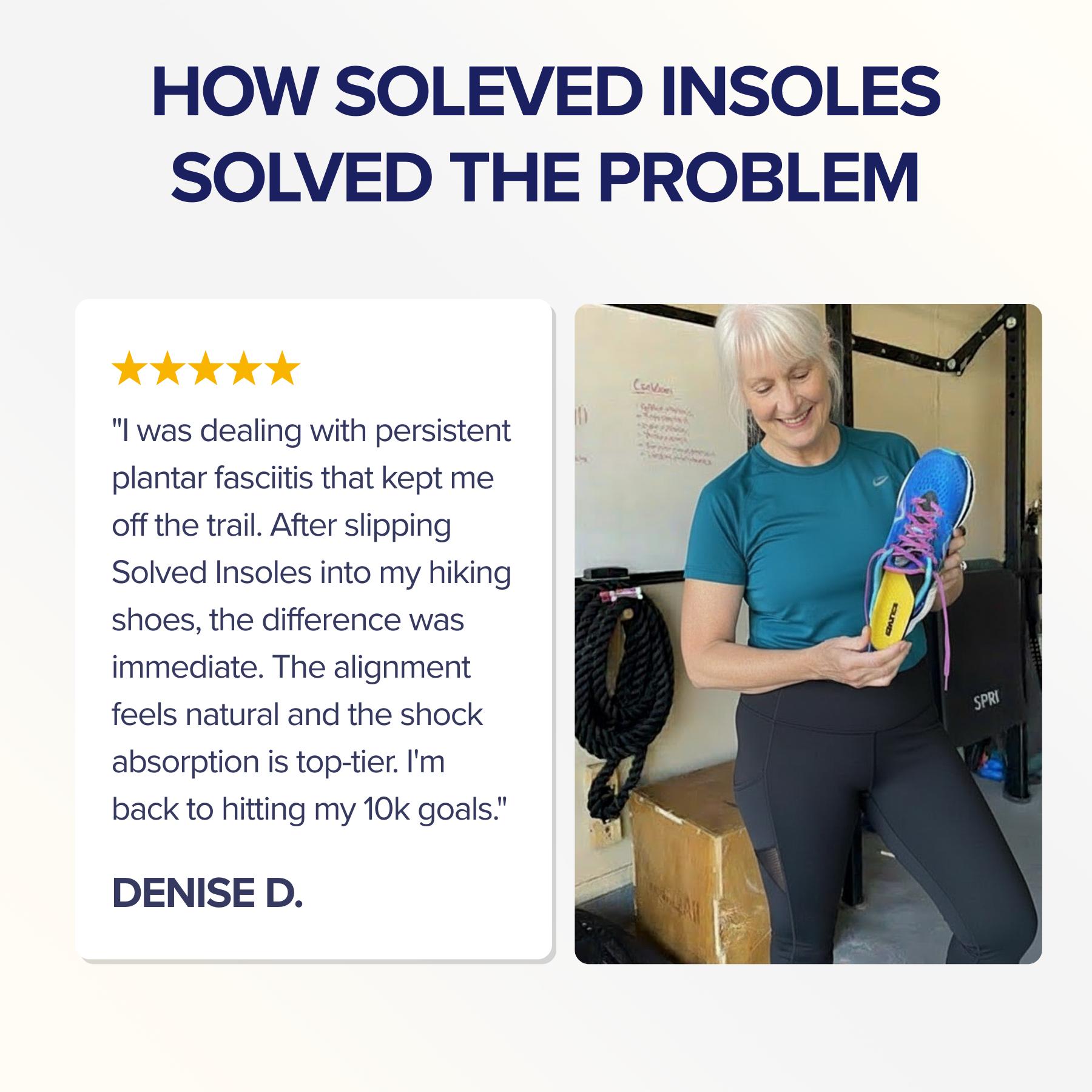 A woman holding a shoe with a yellow insole, next to her positive review for the product.
