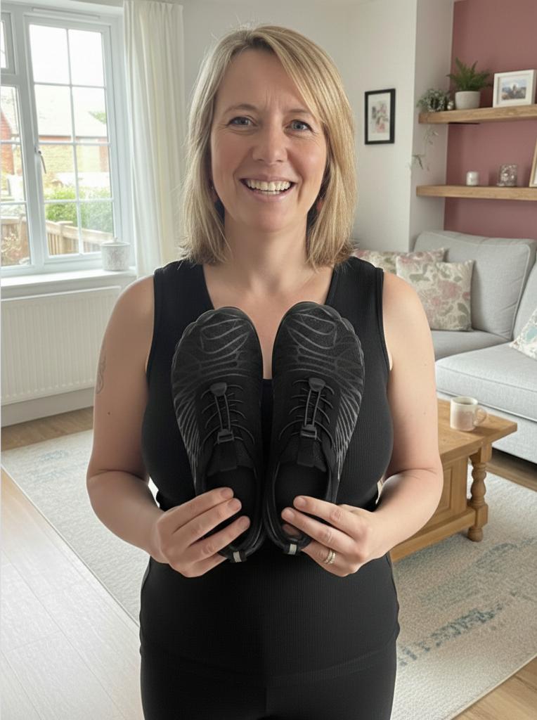A smiling woman in a black top holds up a pair of black sneakers in a living room.