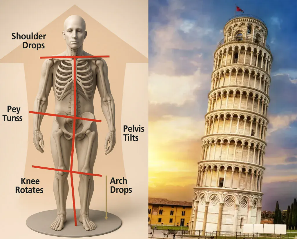 A side-by-side comparison of a diagram showing poor human posture and the Leaning Tower of Pisa.