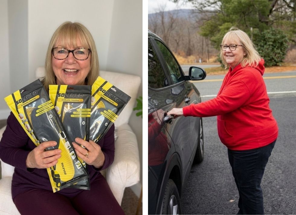 A split image showing a woman holding orthotic insoles and then standing happily by her car.