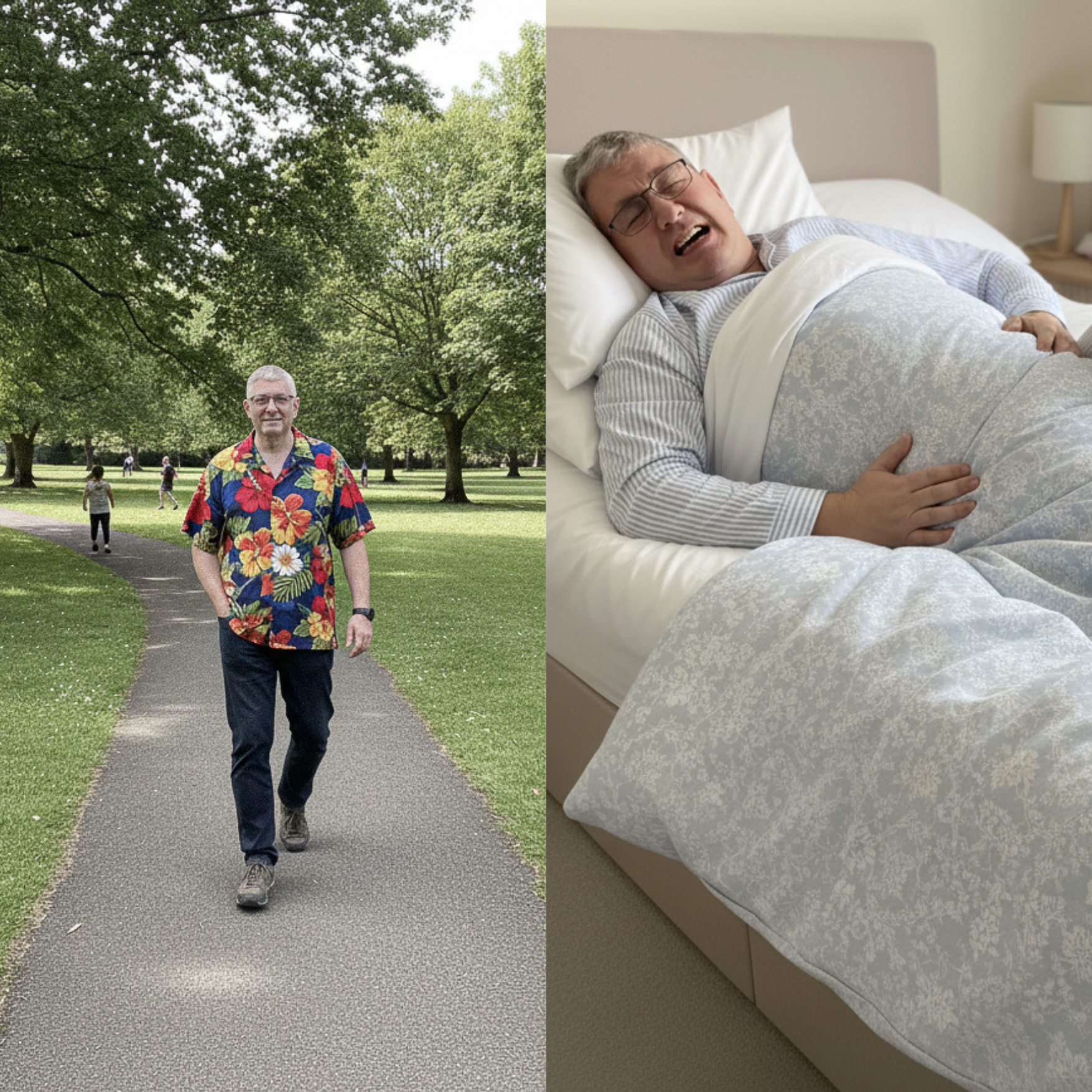 A split image showing a man walking in a park and the same man lying in bed in pain.
