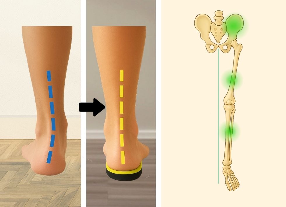 Diagram showing how an orthotic corrects foot alignment, which then aligns the leg's skeletal structure.