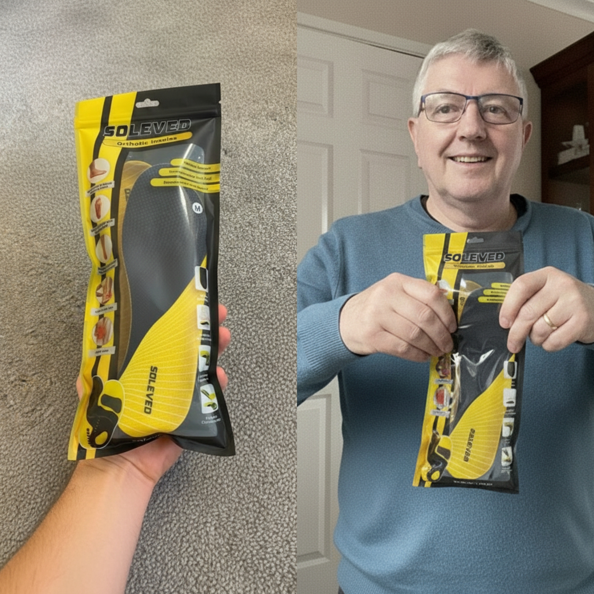 A two-panel image showing a package of insoles, and a smiling man holding the same package.