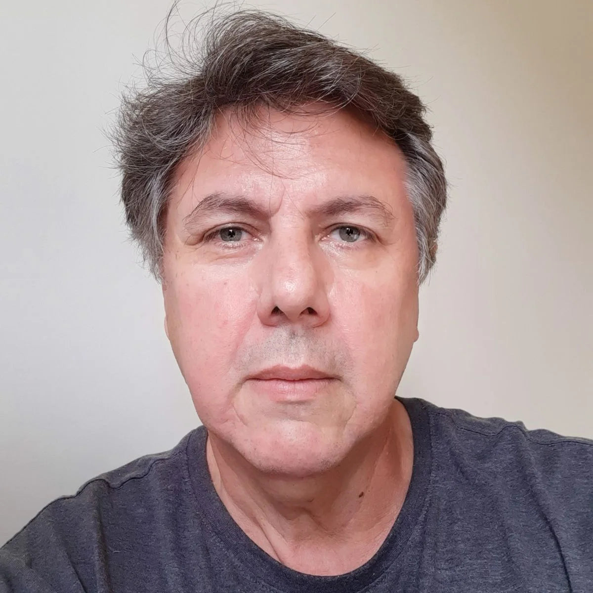 A headshot of a middle-aged man with graying hair, wearing a gray t-shirt and looking at the camera.