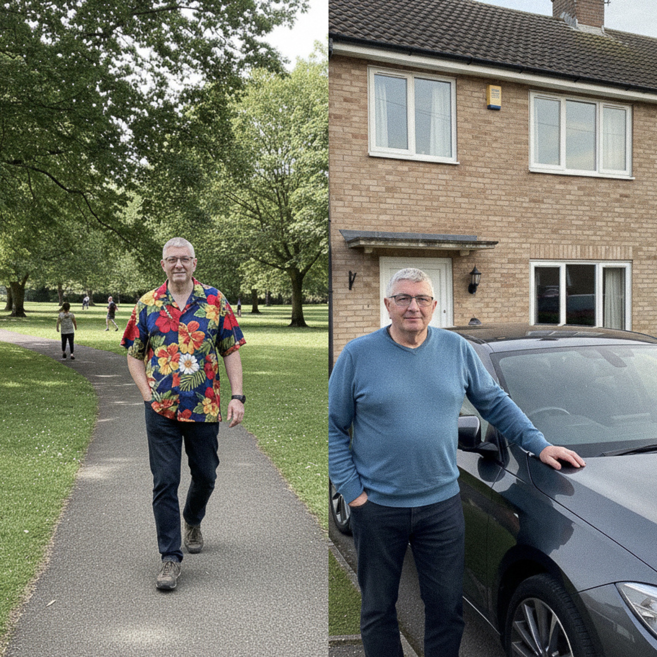 A diptych showing a man in a park on the left and standing by a car on the right.