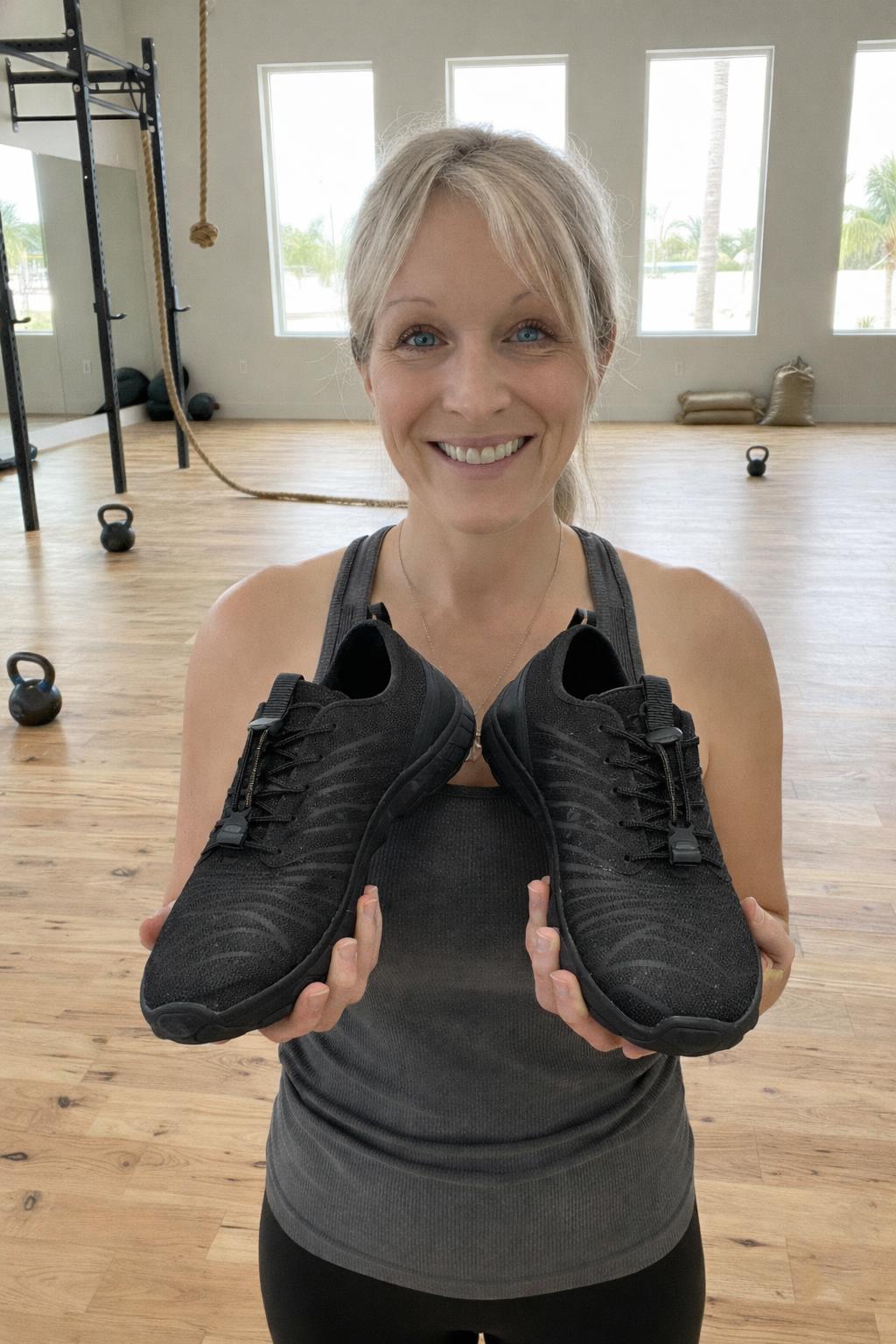 A smiling woman in a gym holds up a pair of black sneakers.