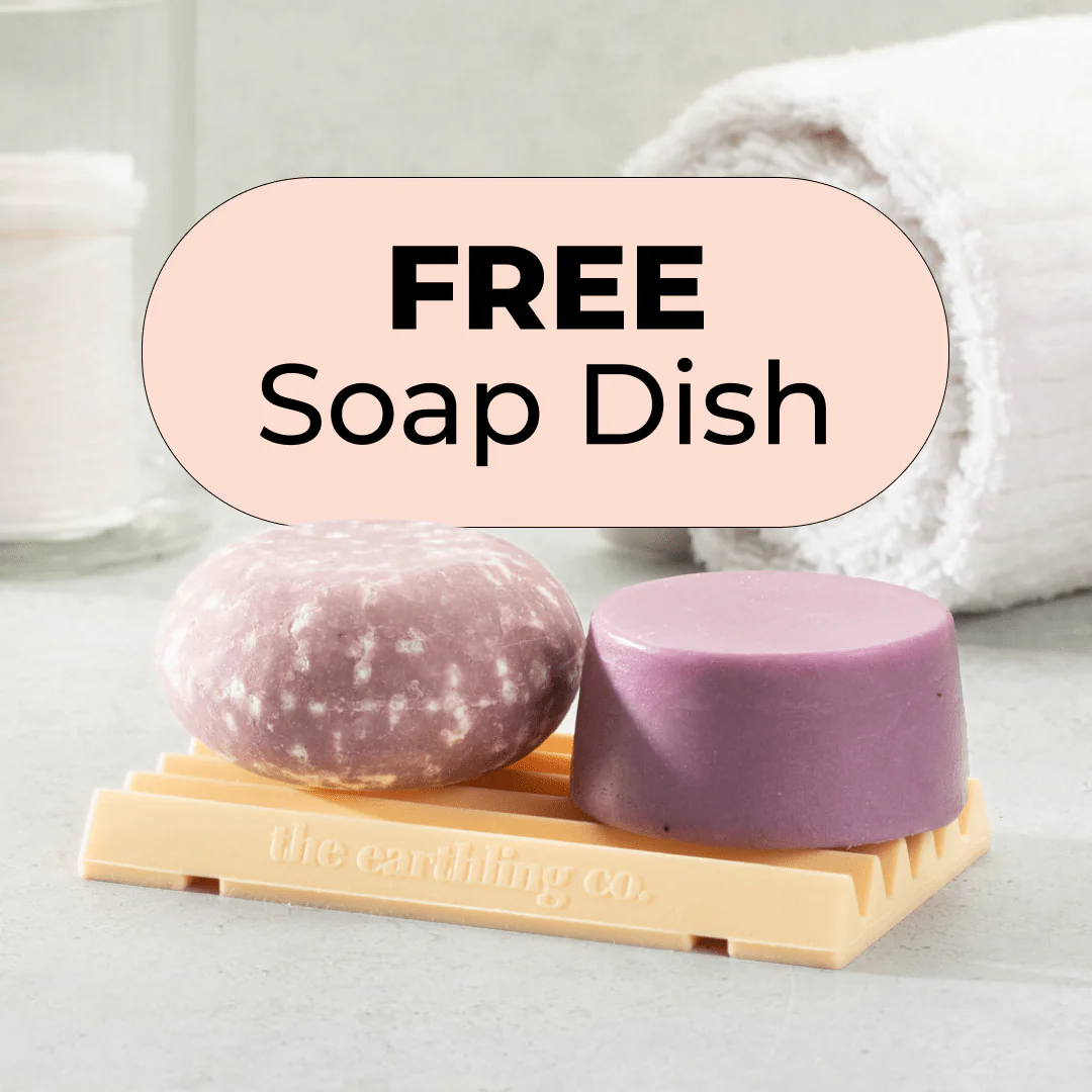 Two bars of soap on a soap dish with 'FREE Soap Dish' text.