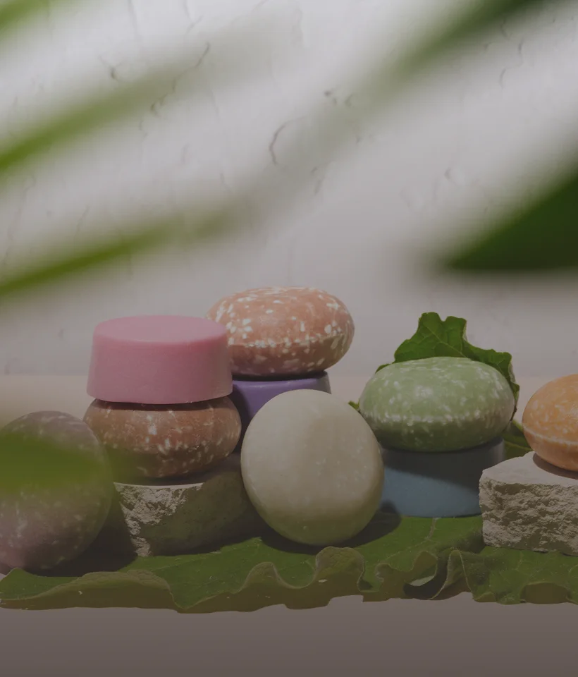Various colorful soap bars displayed on leaves and stones.