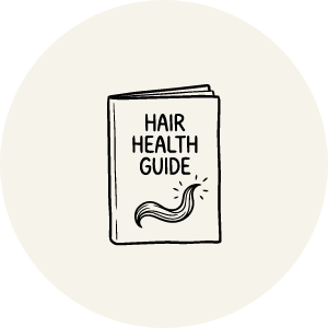 A line drawing of a book titled 'Hair Health Guide' with a lock of shiny hair.