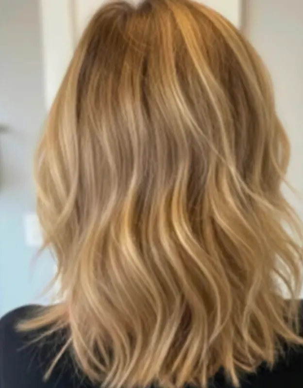 Blonde wavy hair styled with soft curls, viewed from the back.