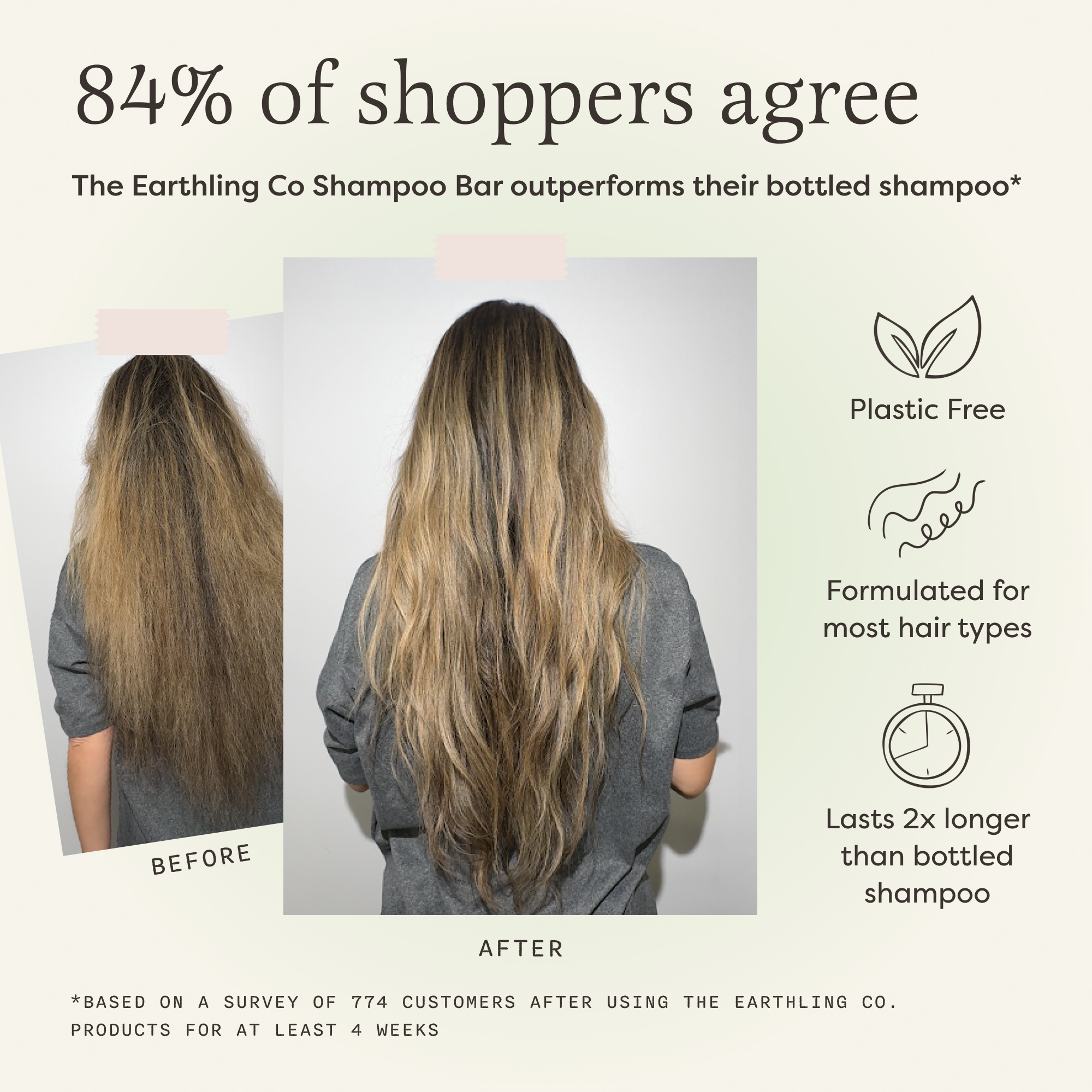 'Before and after hair comparison with text promoting a shampoo bar.'