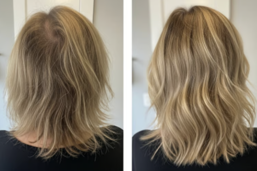 Side-by-side comparison of hair before and after styling.