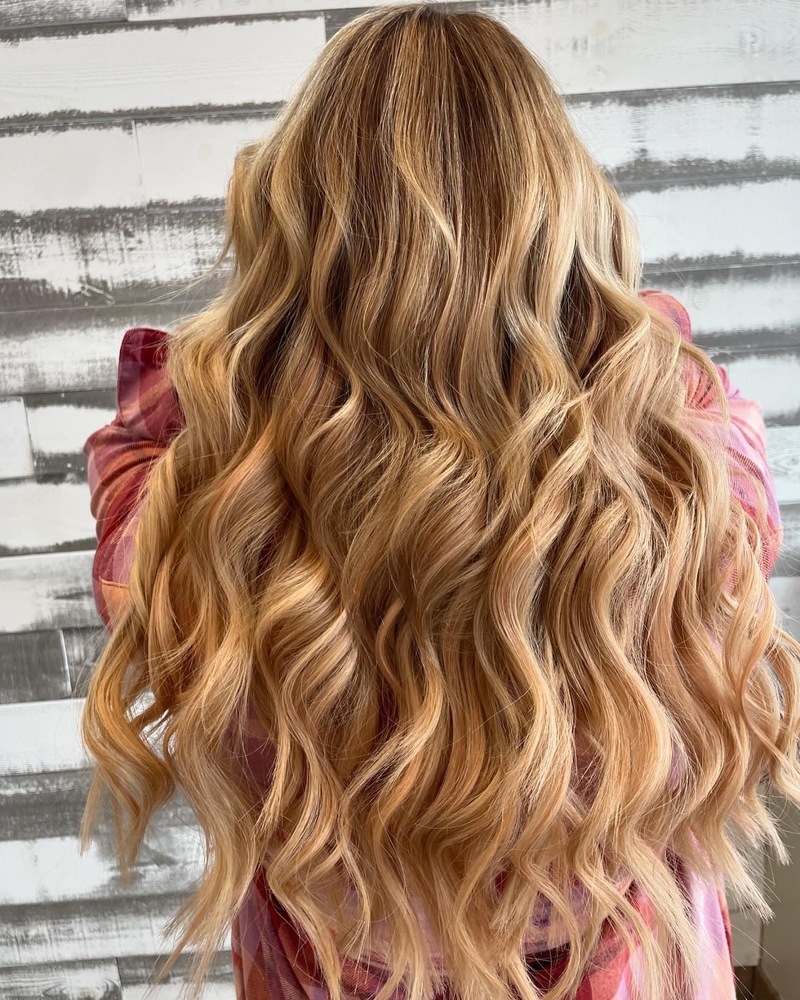 Long, wavy blonde hair cascading down a person's back.