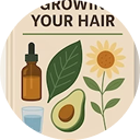 Illustration of hair care ingredients: oil dropper, avocado, leaf, sunflower, and glass of water.