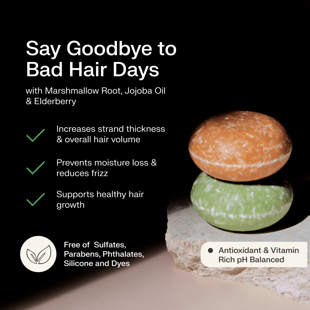 Promotional image for hair care products with benefits and ingredients listed.