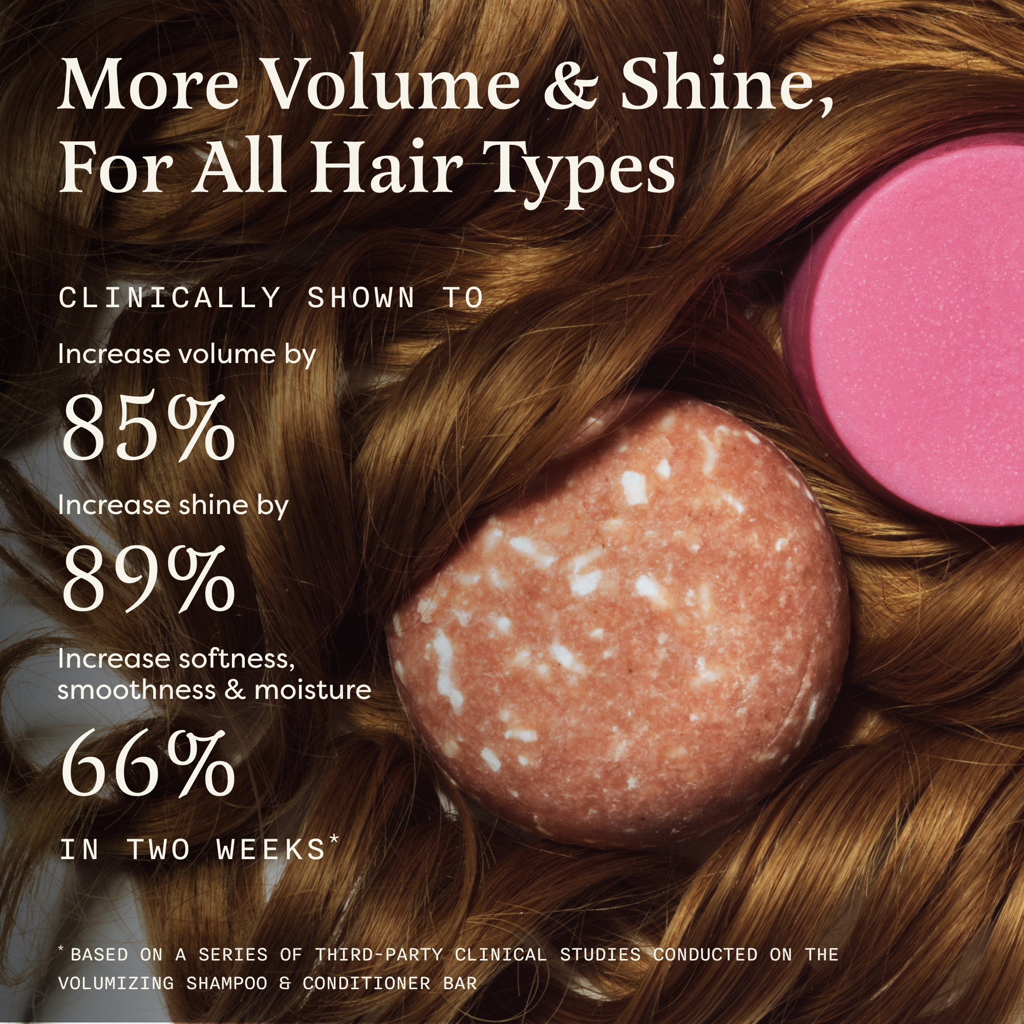 Brown hair with two round shampoo bars and text details on hair benefits.