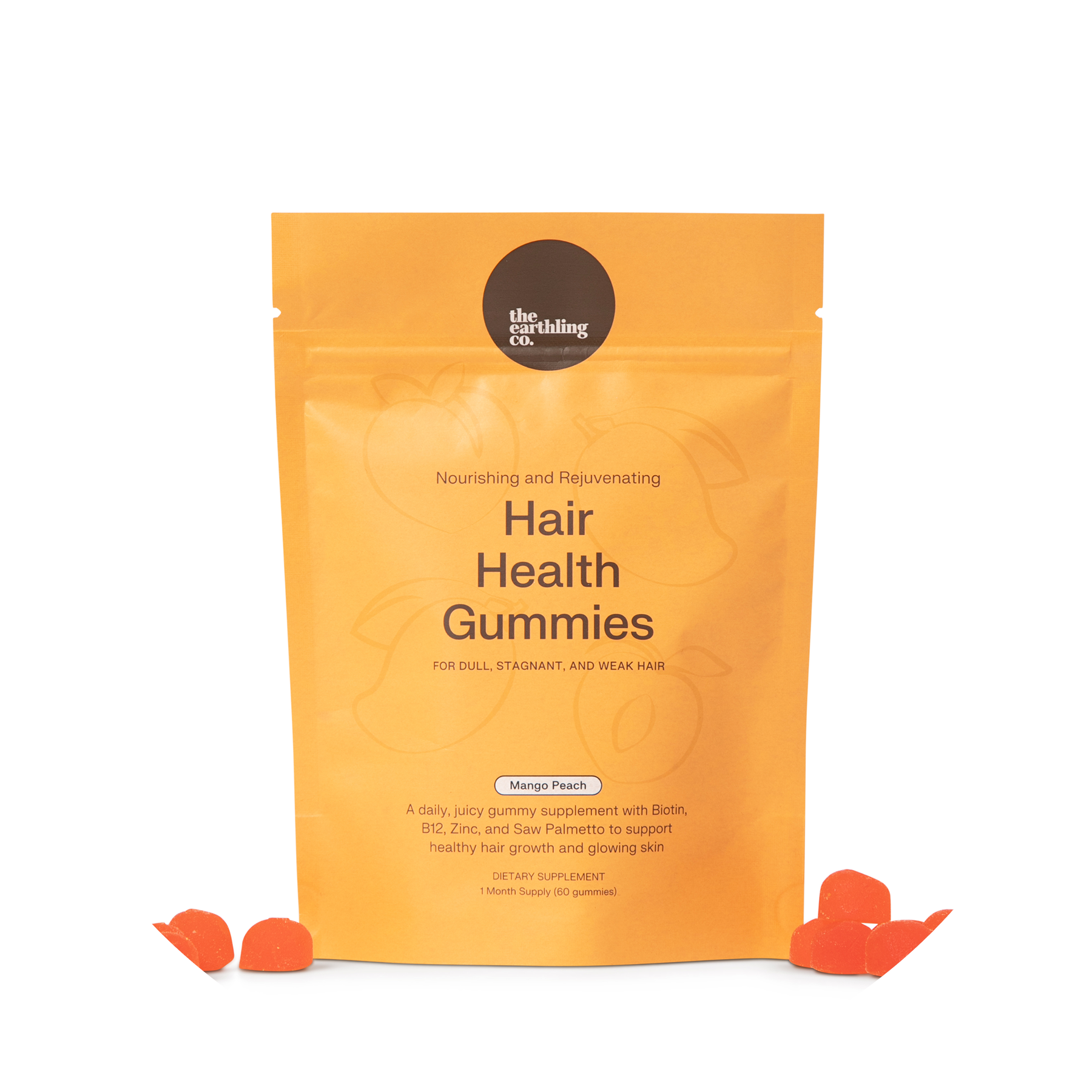 Orange pouch of hair health gummies with small gummy pieces.