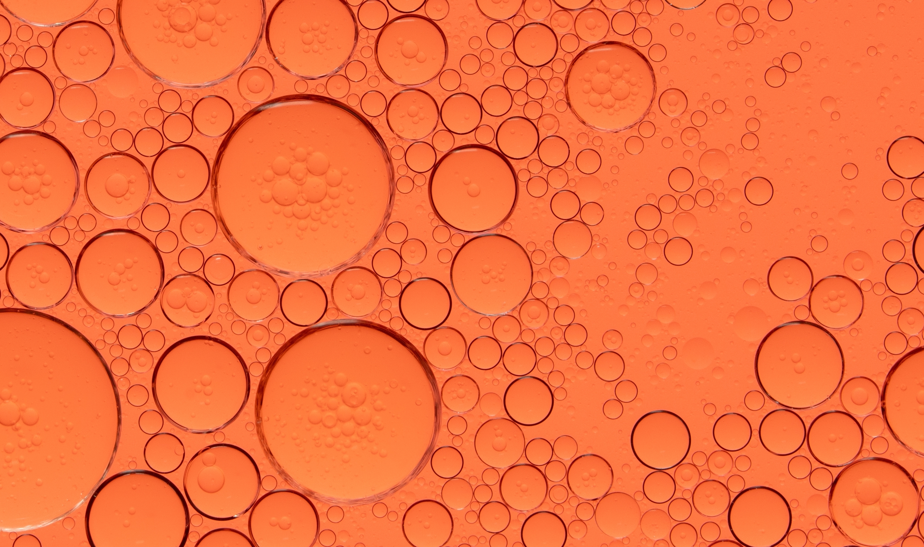 An abstract close-up of circular bubbles of varying sizes against a solid orange background.