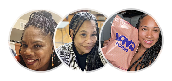 Three women smiling, one holding a pink bag with text.