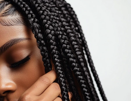 Close-up of braided hair, labeled Sourced from Japan, showcasing the quality of Gyal Braids' human hair.