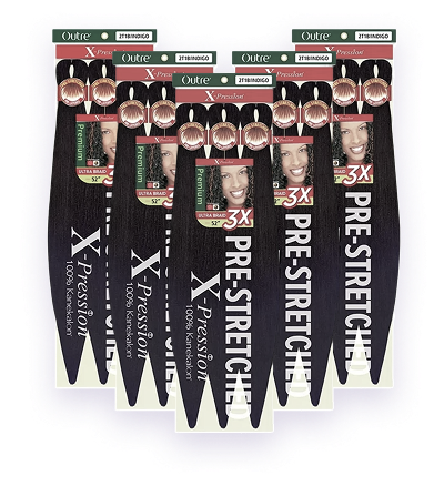 Bundles of pre-stretched synthetic hair extensions in packaging.