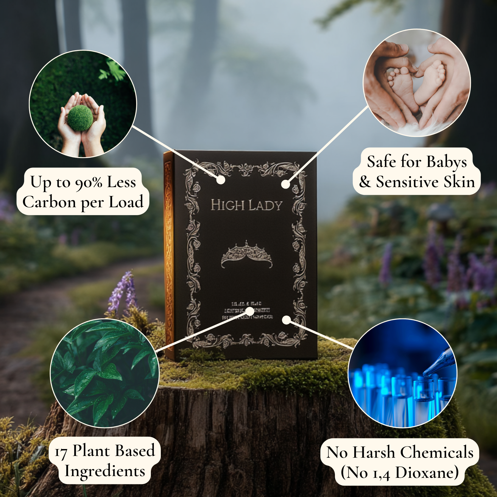 Product box labeled 'High Lady' with eco-friendly and safe features highlighted.
