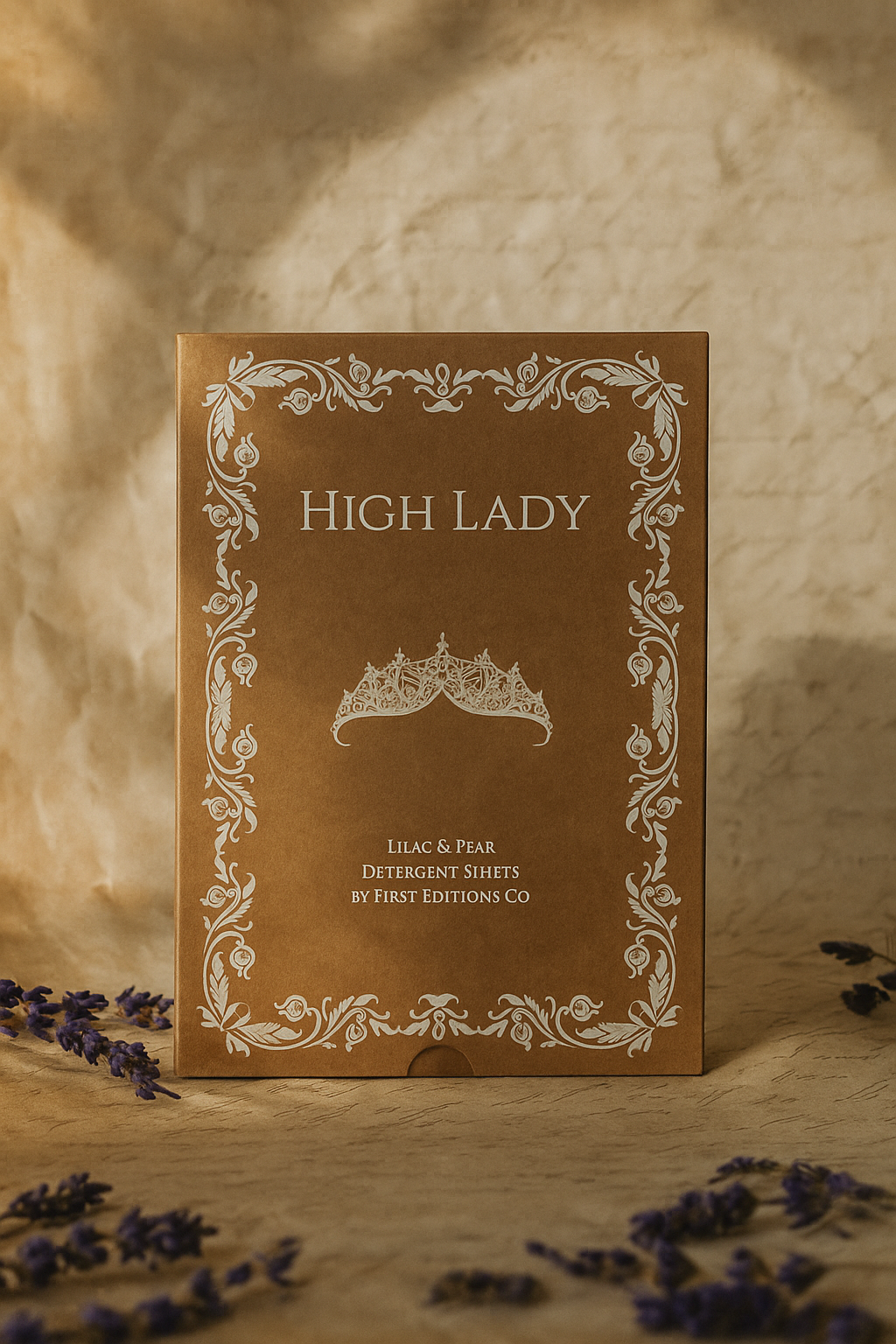 Brown box with 'High Lady' and floral design, surrounded by lavender flowers.